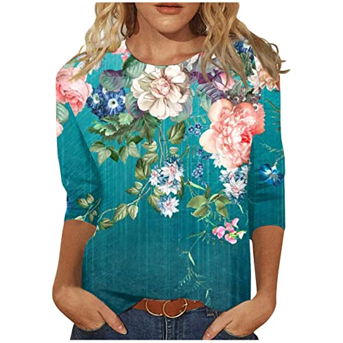 HTHLVMD Womens 3/4 Length Sleeve Tops 2025 Fall Fashion Floral Print Crewneck Causal Trendy Tunic Tops for Women
