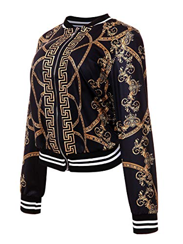 Arlita Women's Casual Stand Collar Vintage Gold Chain Print Short Bomber Jacket Coat (Black, Medium)