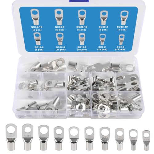 90Pcs Assorted Heavy Duty Wire Lugs Battery Cable Tinned Copper Eyelets Tubular SC Ring Terminals Connectors with Spy Hole Ends Crimp Assorted Kit