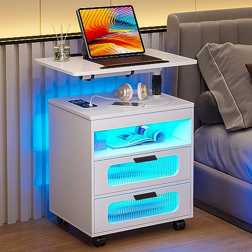 HNEBC Nightstand with Wireless Charging Station, LED Nightstand Has Adjustable Rotary...
