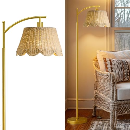 Image of Arc Floor Lamp for Living Room，Rattan Boho Floor Lamp with Hand-Woven Wicker Shade, Foot Switch, Gold /Silvery Metal Base & Pole,Standing Lamp for Bedroom (Gold)