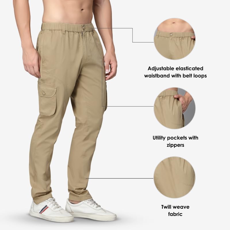 Image of SAPPER Regular Fit Cotton Cargo Pants for Men| Utility Pockets with Zippers| Elasticated Waistband with Belt Loops & Internal Drawcords| Also Available in Plus Sizes | L to 5XL