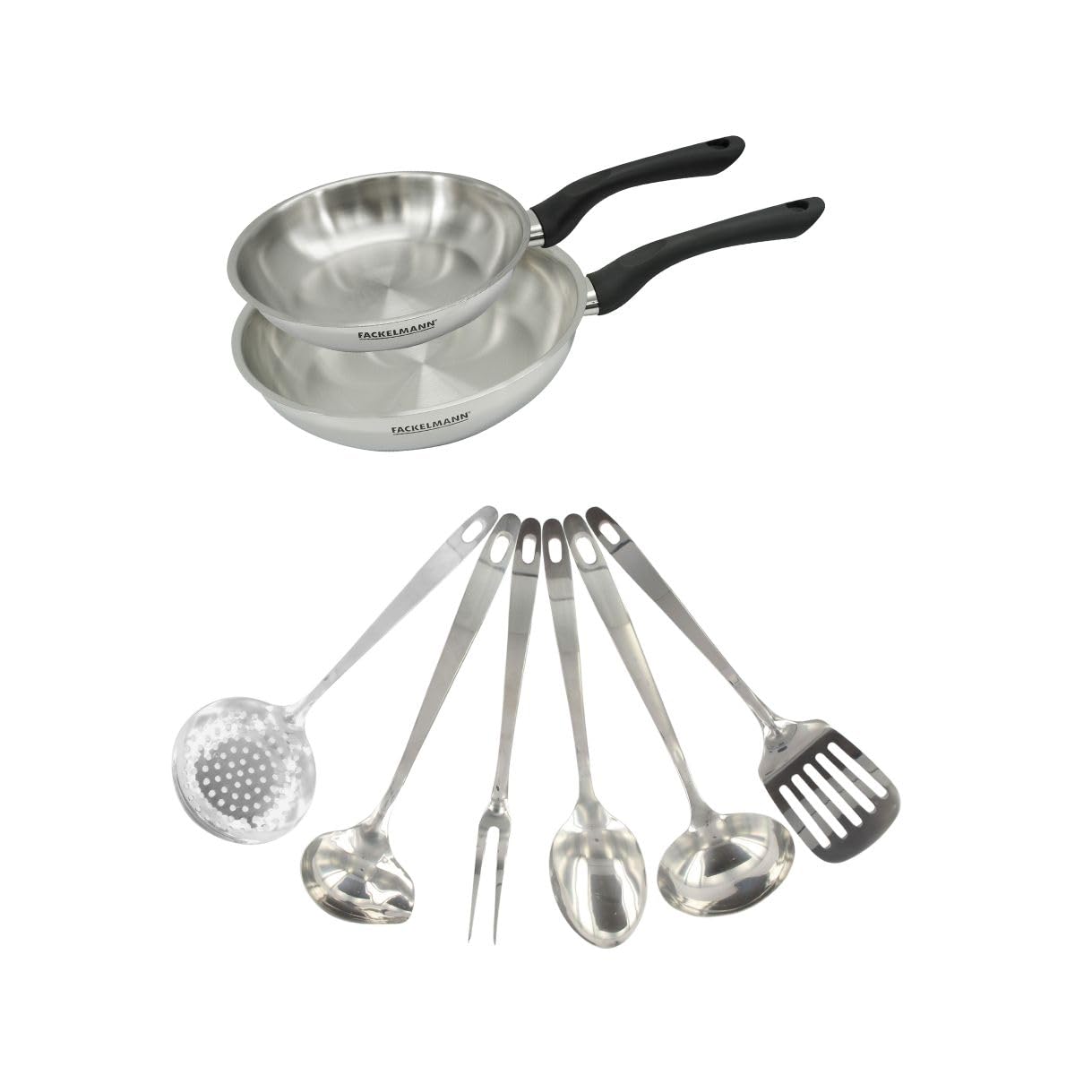 Fackelmann Set 2 poêles inox 20 et 24 cm avec 6 ustensiles inox induction | Cuisson sans revêtement, Set 2 poêles 20 et 24 cm, Inox 18/8, Tous feux dont induction, Four et lave vaisselle, Sans PFAS