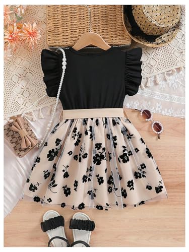 WDIRARA Toddler Girl's Floral Print Ruffle Sleeve Dress Bow Flowy Flared A Line Dresses2