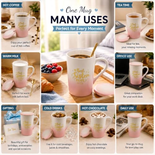 Image of ZAICUS Best Sister Ever Coffee Mug with Lid & Spoon, Rakhi Gift for Sister | Suitable for Hot & Cold Beverages | Ceramic Mug | Elegant White & Pink Gradient Finish