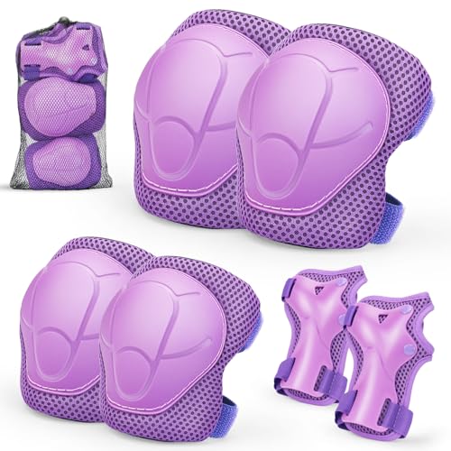 Kids Knee And Elbow Pads 6pcs Wrist Guard Knee And Elbow Pads for Children Kids Sports Protective Gear Set With Mesh Bag for Skateboard Roller Skating Biking And Outdoor Multi-Sports (Purple)