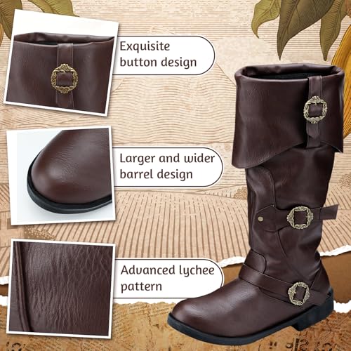Image of Cuffbow Halloween Pirate Costume Boots for Men Medieval Renaissance Steampunk Cosplay Boots Gothic Adult Button Leather Shoes