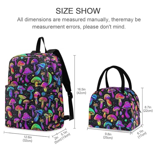 Backpack Lunch Box Set Large Capacity Travel Backpacks and Insulated Lunch Bag for Commute Hiking Picnic Mushroom Vivid Print2