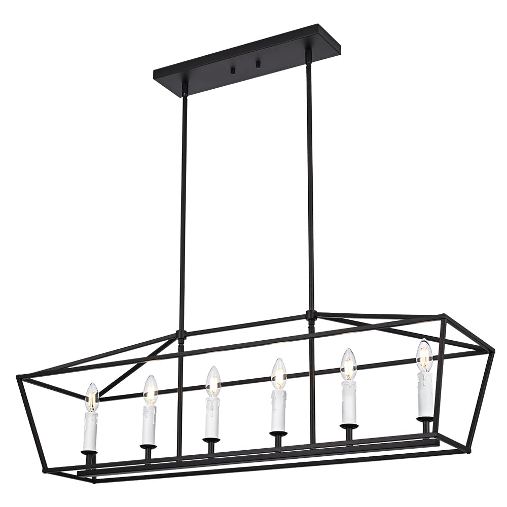 BONLICHT Modern Farmhouse Rectangle Dining Room Light Fixtures Black 6 Light Linear Chandelier Industrial White Kitchen Island Pendant