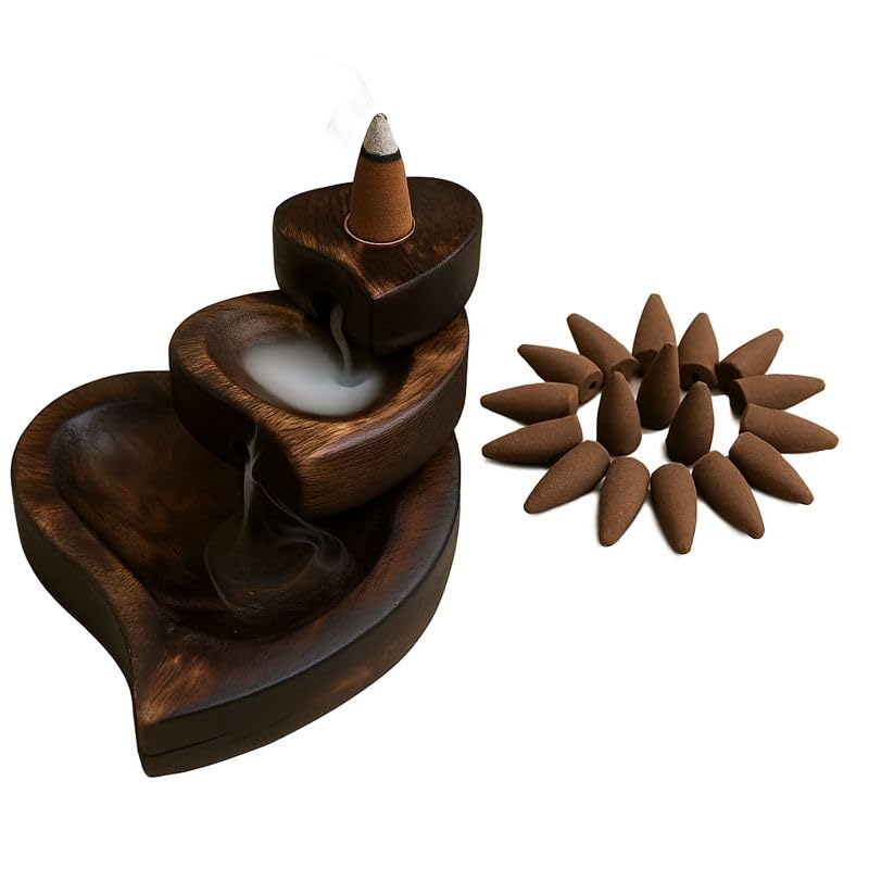 Wooden Backflow Incense Burner with 24 Backflow Dhoop Cones Handmade Waterfall Smoke Burner Mixed Fragrance Cones Aromatherapy for Meditation Yoga & Home Décor