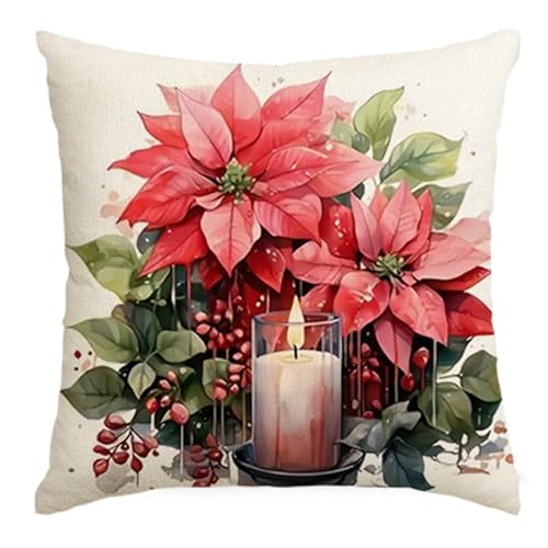 Fundas Cojines 50x50 Flores Rojas Navideñas Cojines Sofa Lino Lavable Cojines Cama Cuadradas Cojines para Sofa Decoración Funda Cojines Dormitorio Coche Camping Fundas Cojines
