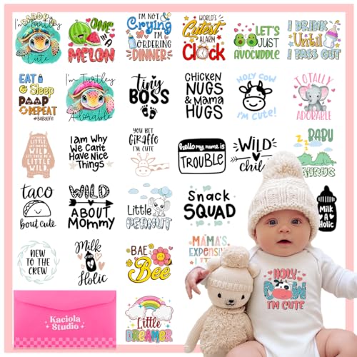 Image of Kaciola Baby Shower Games Iron on Transfers, 30 Sheets DTF Transfers Ready to Press Baby Bodysuit Making Heat Transfer Stickers Iron on Decals for T Shirts Hoodie DIY Crafts (Cute)
