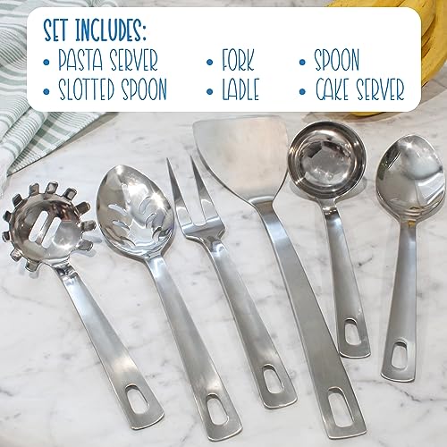 Darware Complete Serving Spoon & Utensil Set (6-Piece Set, Silver); w/Pasta Server, Fork, Spoon, Slotted Spoon, Ladle, & Cake/Casserole Server