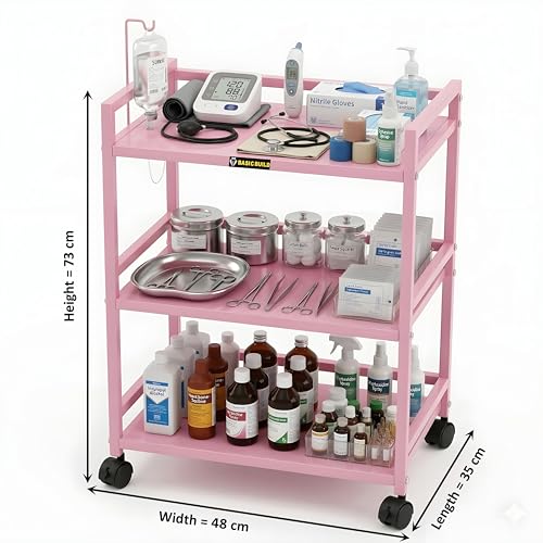 Image of 3 Tier Surgical Trolley with Wheels for Hospital & Clinic, Medical Utility Cart, Rolling Instrument Trolley with Lockable Caster Wheels, Metal Medical Storage Rack for OT, ICU, Dental
