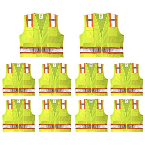 Safety Main Premium High Visibility Surveyor Vest Solid Front Mesh Back, 10 Pack, Large Cover
