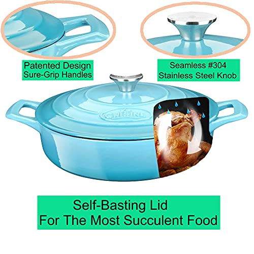 Image of La Cuisine Enameled Cast Iron Braiser Saute Pan Shallow Dutch Oven with Lid Internal Matt Black Enamel Coating 3.75 QT 11 inch / 28cm O, Oven-Safe 550F /276C, For GlassTop, Teal