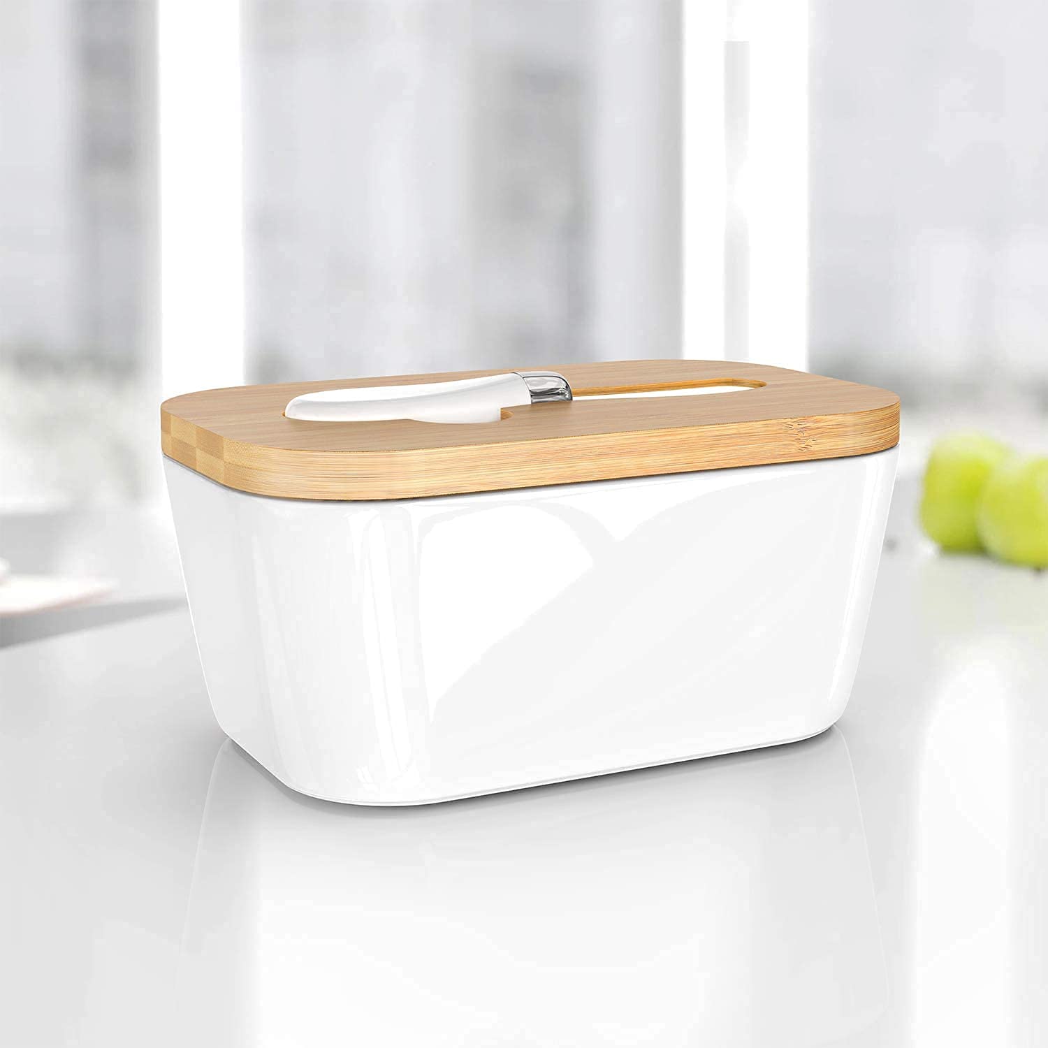 Tendula Butter Dishes Box Premium Quality Elite Range Heavy Fine Porcelain Butter Box,Butter Dish with Wooden Top Cover,Lid with a Knife.(White with Words)