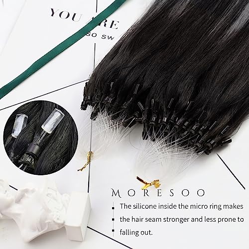 Moresoo Micro Ring Hair Extensions Real Human Hair Ombre Black to Silver Micro Loop Human Hair Extensions Micro Beads Hair Extensions Silky Soft 1g/Strand 50g/Pack #1B/Silver/1B 22 Inch - Image 2
