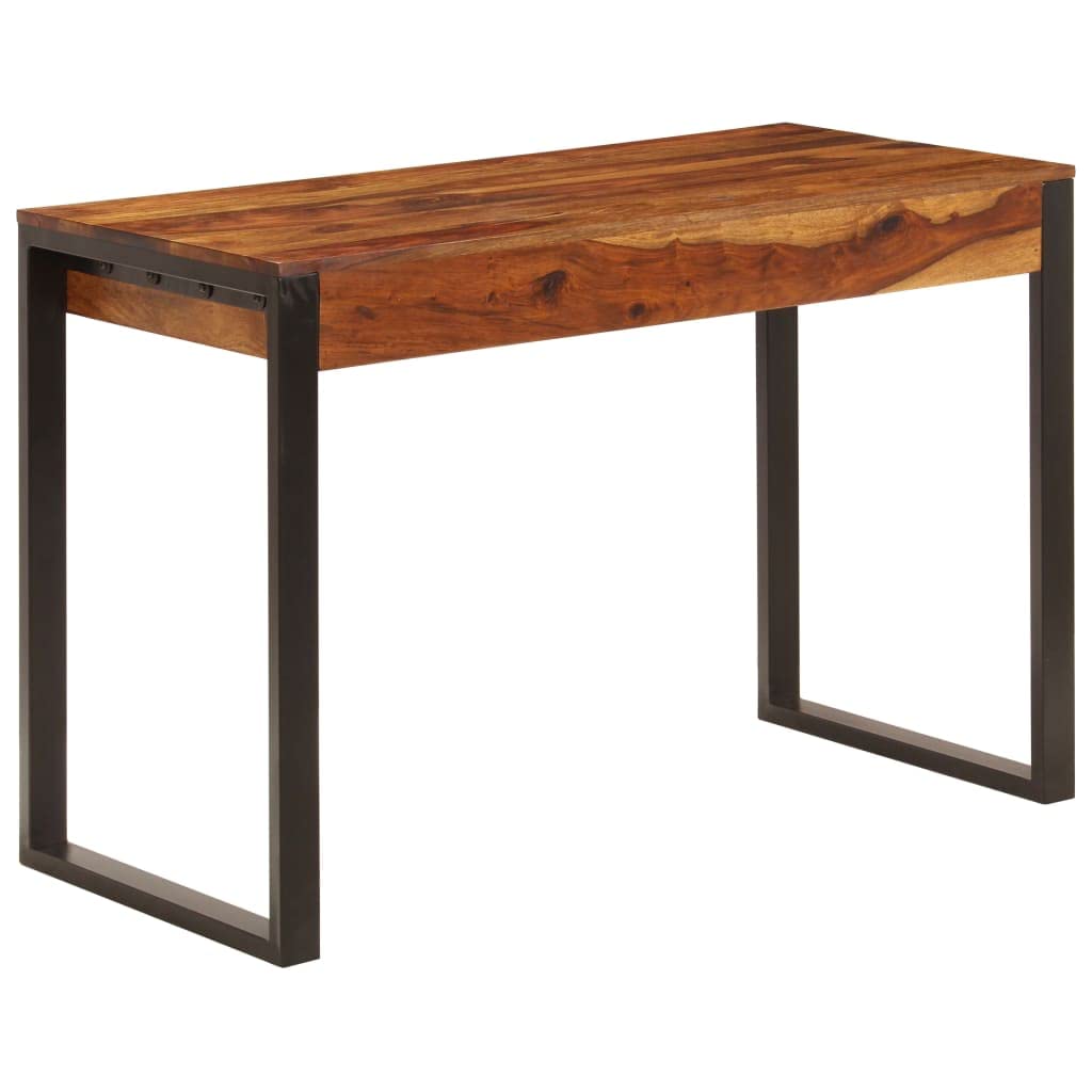 Escritorio 110 x 55 x 78 cm, madera maciza de acacia, patas de acero, con 2 cajones, bandeja para teclado, para oficina y hogar, pulido