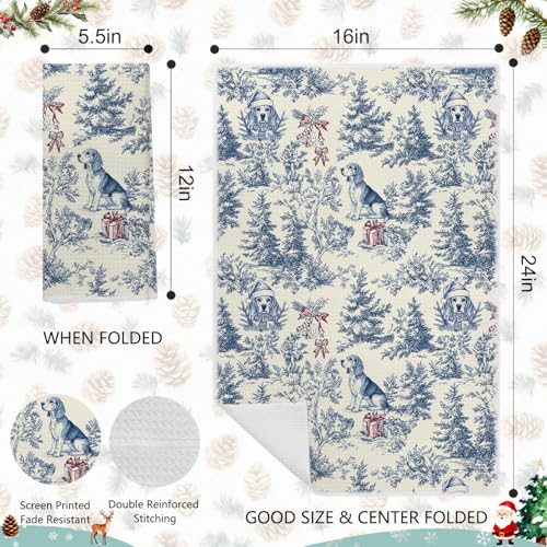 Image of Christmas Chinoiserie Dog Kitchen Towels, Vintage Beagle Dish Tea Towels for Kitchen, Blue French Holiday Decorative Hand Towel for Bathroom, 16x24 Inch