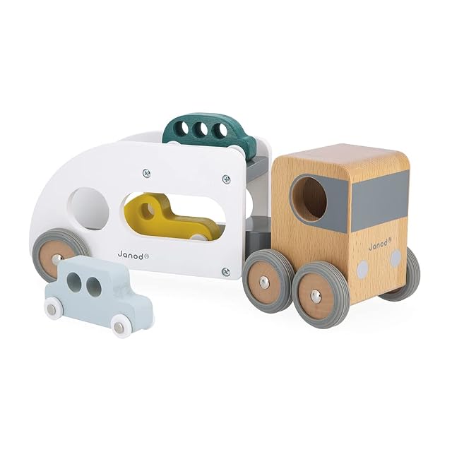 Janod - Camión Portavehículos de Madera Bolid - Remolque Desmontable - 3 Coches - Imaginación y Motricidad