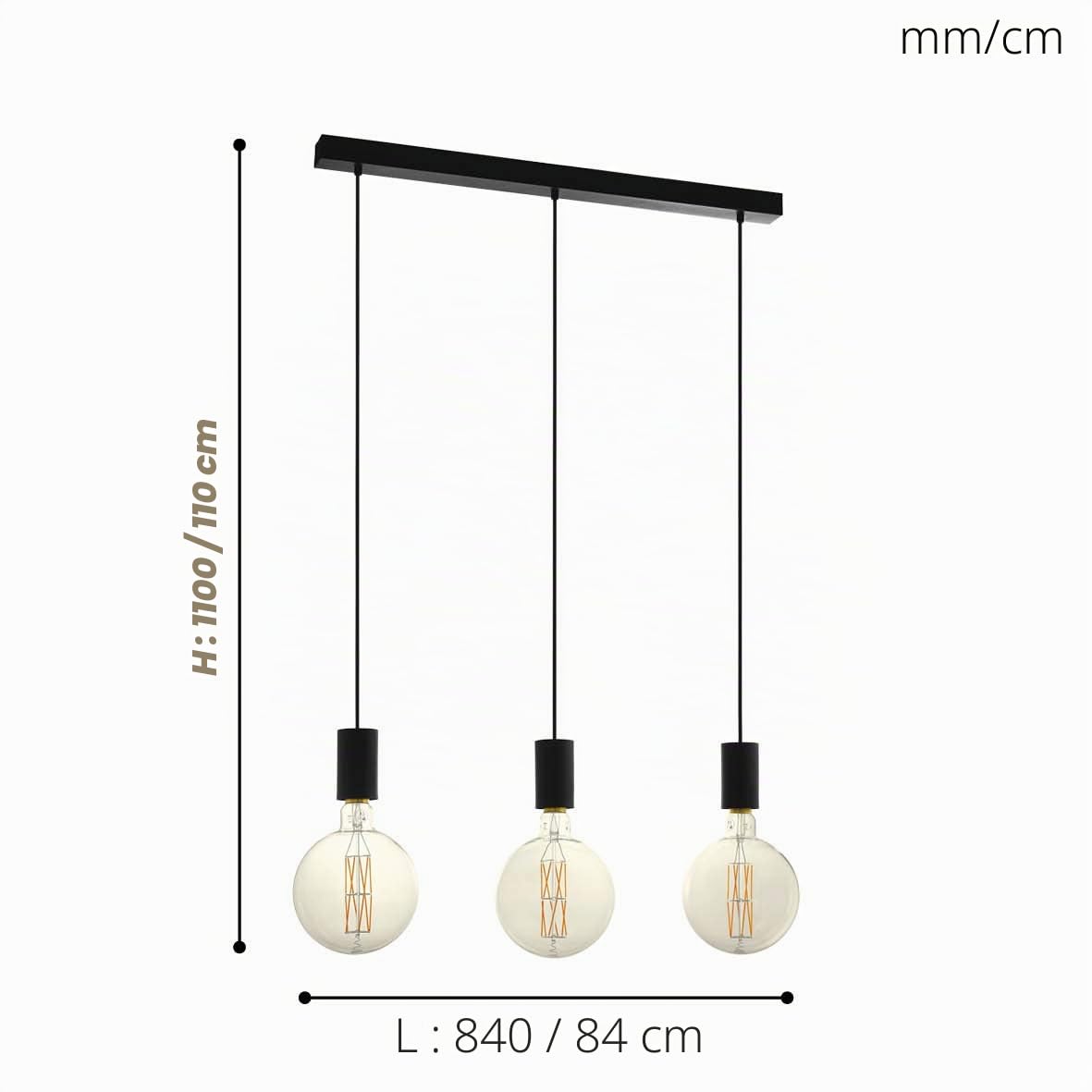 Eglo Suspension luminaire Pozueta à 3 lampes, supports ampoules suspendus