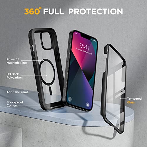 Image of Miracase for iPhone 13 Case 6.1'',Full-Body Magnetic Clear Bumper Case with Built-in 9H Tempered Glass Screen Protector,Military Drop Protection Outdoor Phone Case,Black