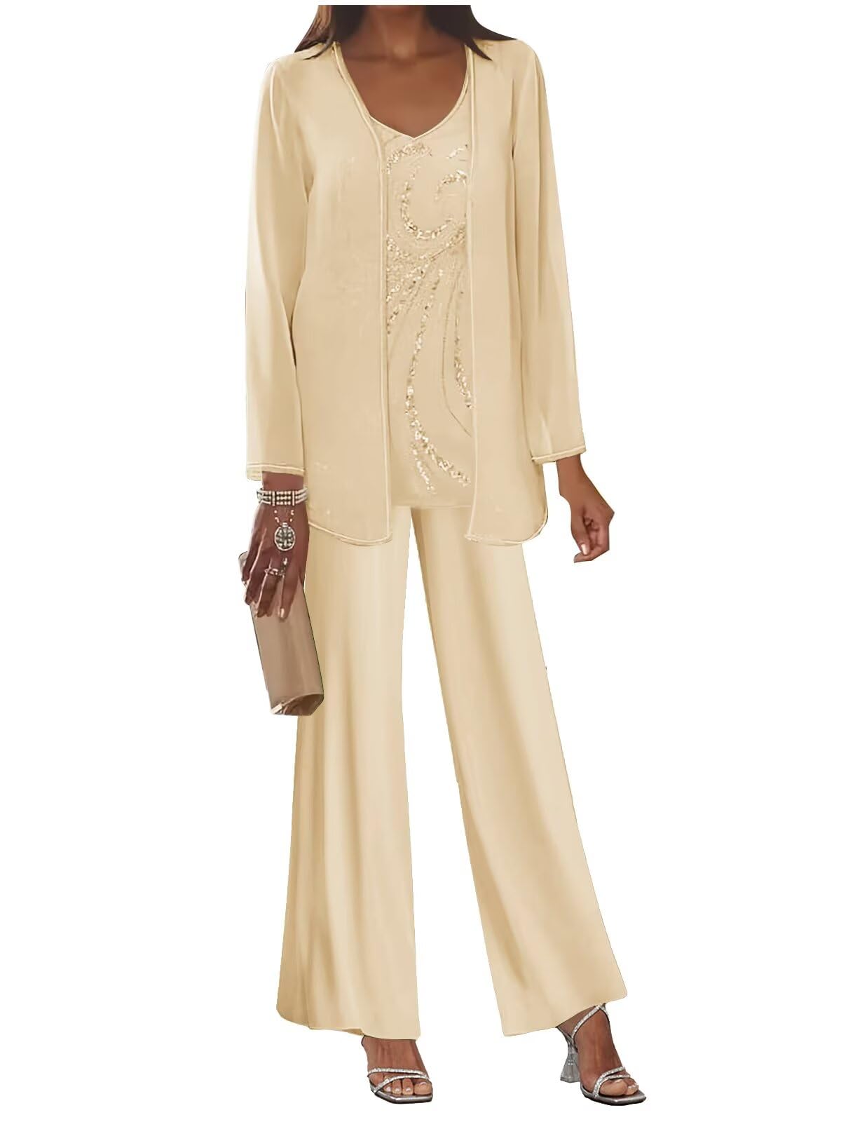 3 Pieces Mother of The Bride Pant Suits for Women Dressy Long Sleeve Chiffon Outfit Formal Evening Gown