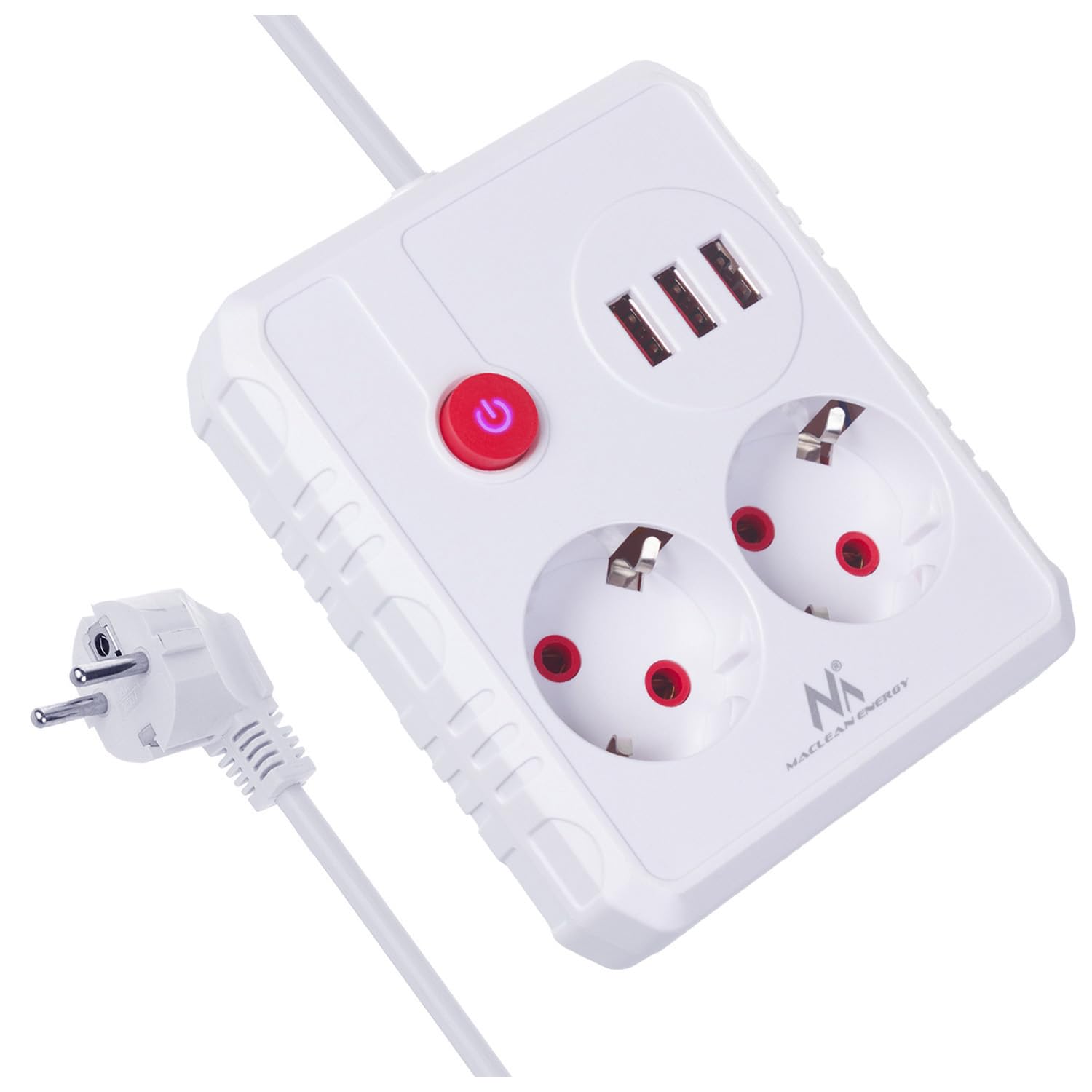 Maclean MCE387/​8 Multiprise | 2 Prises 3xUSB 2500W | Cordon Compact avec Prises Coudées à 45° | Interrupteur Lumineux pour Montage Mural (Blanc, 1,​5m)