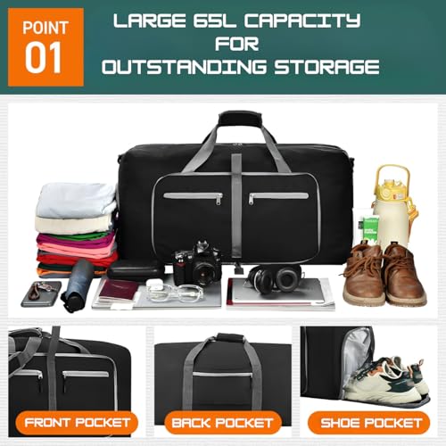 Travel Bag Gym Bag Folding Boston Bag Duffel Bag Carry On Large Capacity 65L Waterproof With Shoe Bag No Logo (Black, 24.8inch×11.4inch×13.8inch)2
