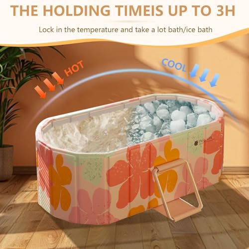 Image of Careopeta Large Bathtub for Adults Folding Portable Bath Tub, Pillow & Drain Hole - Hot & Cold Water Soaking Spa Tub for Home Bathroom (Orange)