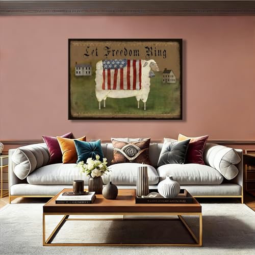 Image of RIBNTAK Americana Farmhouse Canvas Wall Art, Rustic God Bless America Sheep Pictures with USA Flag Artwork Patriotic Country Decor for Living Room Entryway Bedroom