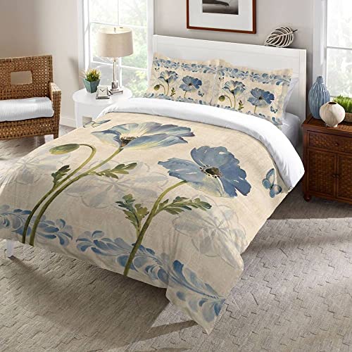 1 Piece Cotton Comforter Queen Size 200 Thread Count Brown and Blue Shade Reversible Aqua Poppies Floral Print Flowers Blooming | All Season Aesthetic Bedding Stylish Comfortable Stunning Smooth Soft