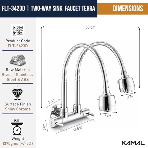Image of KAMAL Two Way Sink Faucet Tab - Terra | SS 304 Fully Flexible Dual Flow Spout 50cm Length | Single Cold Water Inlet & Two Control Water Outlet | Brass Body Bib Tap Faucet (Wall Mount Installation)