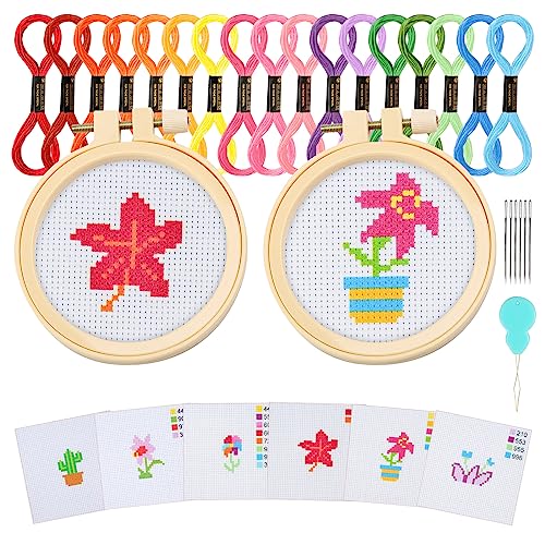Ysimple 6 Pezzi Kit Ricamo per Principianti,Ricamo Starter Kit,Punto Croce Kit da Ricamare,con 6 Motivi a Punto Croce e 2 Cornici per Ricamo,per Adulti,Bambini,Principianti(Pianta)