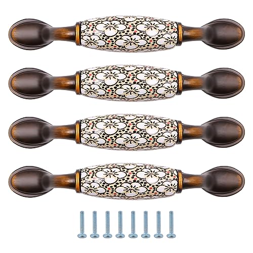 ZONADAH Set of 4 Vintage Cabinet Ceramics Handles, Hole Distance 96mm, Antique Flower Pattern Cabinet Pull Handles - Image 2