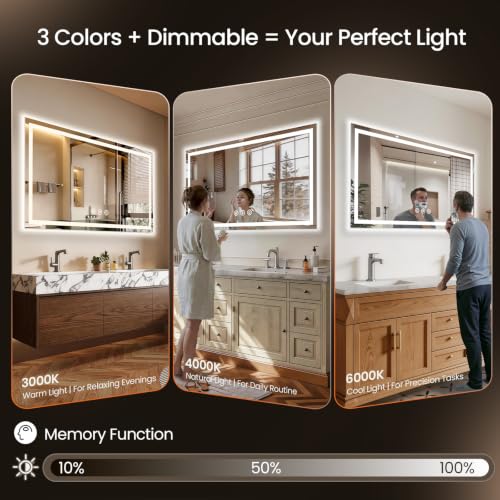 Image of 55x36 LED Bathroom Mirror with Anti-Fog, Backlit & Front Lit, Memory | Stepless Dimmable 3 Color CRI 95+ Shatterproof Tempered Glass ETL Listed for Safety Lighted Bathroom Vanity Mirror for Wall