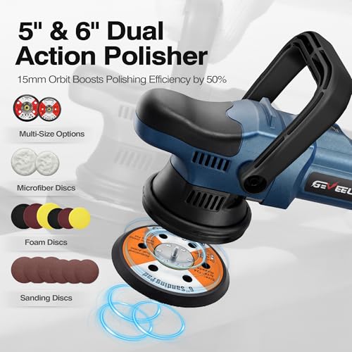 Image of GEVEELIFE Buffer Polisher, 15mm Dual Action Random Orbital Polisher, 5 Inch /6 Inch Car Detailing Kit, 6 Variable Speed 2000-5200 RPM - Professional Car Buffer for Trucks and SUVs