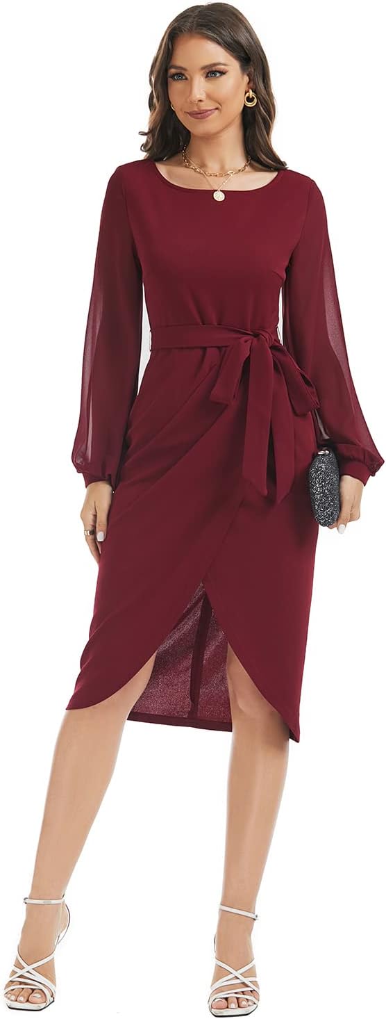 HELYO Women's Elegant V-Back Chiffon Long Sleeve Sheath Dresses Belted Ruched Casual Work Cocktail Party Midi Dress - Image 4