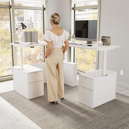 Image of Bush Business Furniture 60-inch Height Adjustable L Shaped Standing Desk with Drawers, Ergonomic Sit-Stand Computer Table for Office, Stratus Collection, White with White Base