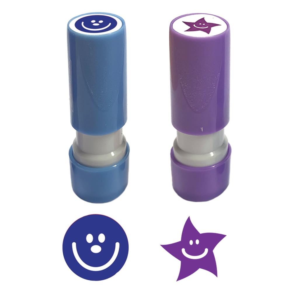 Sdm Purple/Blue Small Star () And Smiley Face (Blue) Stampers - 8Mm Image. Ideal For Teacher Or Loyalty Stamps. 2 X Self-Inking Stamp Set