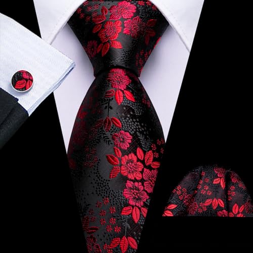 Image of Barry.Wang Flower Ties for Men Silk Woven Floral Tie Sets Necktie Handkerchief Cufflinks Wedding Party