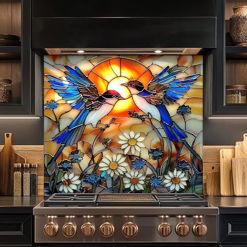 Stained Glass Look Love Birds Glass Backsplash, Tempered Glass Backsplash, Kitchen Backsplash Behind Stove, Glass Backsplash for Kitchen Wall, Easy to Install Stove Backsplash
