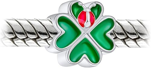 Miniatura 3 de Bling Jewelry Good Luck Lucky 3D Red Lady Bug Irish Shamrock Leaf Esmalte Verde Corazón Trébol Abalorio para Mujeres Adolescentes Plata de Ley .925