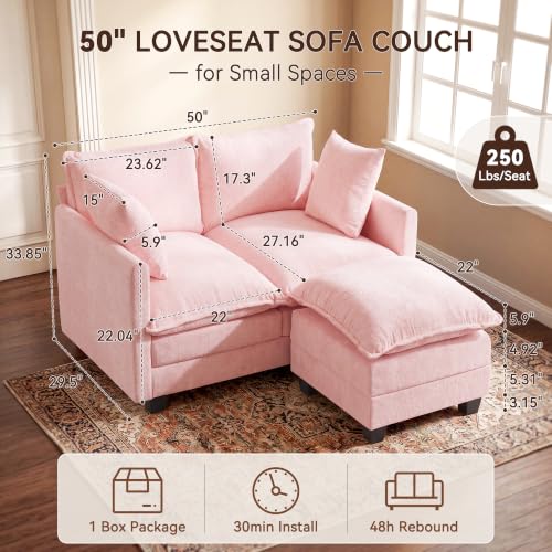 Image of 50 inch Love Seat with Ottoman, Small L Shape Cloud Sofa Couch, 2-Layer Cushion & 27 inch Deep Seat, 2 Pillows for Small Spaces, Bedroom, Apartment, Office, Living Room, Pink