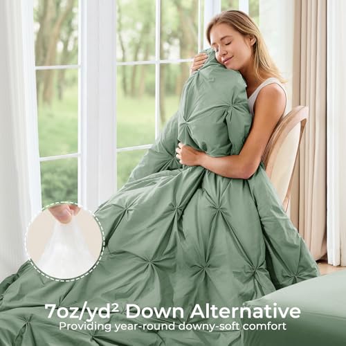 Image of Sasttie Queen Comforter Set, 7-Piece Bed in a Bag, Pintuck Bedding Sets for All Season, Includes Comforter, Flat Sheet, Fitted Sheet, Pillowcases and Pillowshams, Sage Green