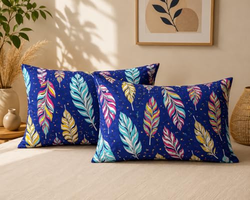 Image of Premium Double Queen Size Bedsheet with 2 Pillow Covers - Vibrant Feather Print, Soft & Breathable Cotton Blend, 90 x 100 Inch (228 x 254 cm)