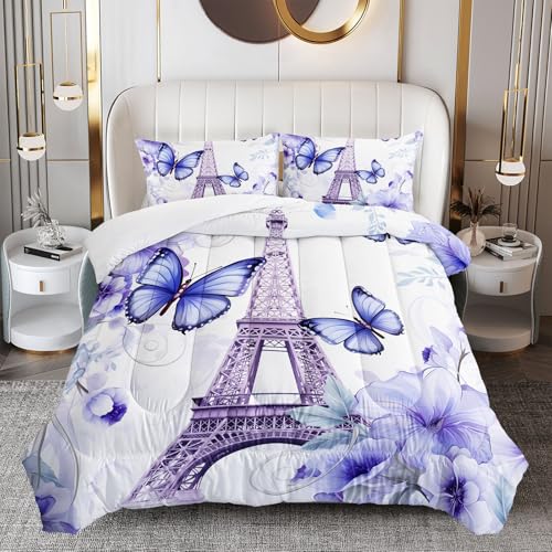 OUIXOTIC Purple Paris Eiffel Tower City Bedding Set for Girls Kids Women Couple Bedroom Butterfly Quilt Queen Size Comforter for Audlt 3Pcs Flower Comforter Set with1 Comforter and 2 Pillow Cases