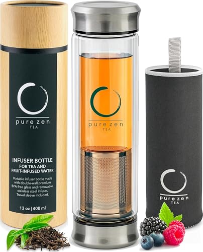Pure Zen Tea Infuser Bottle - Double Wall Glass Travel Mug with Stainless Steel Filter -...