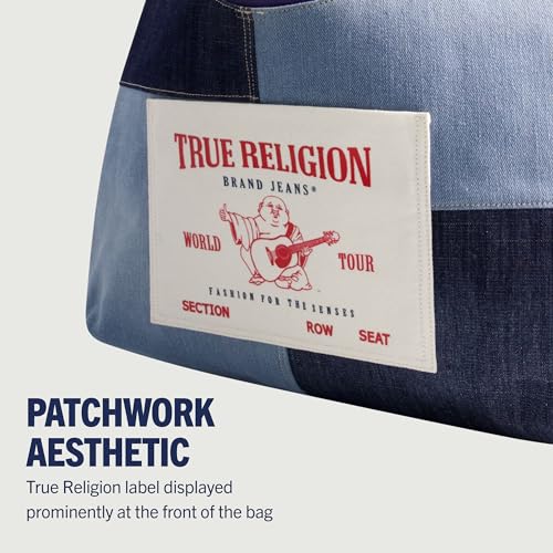 Image of True Religion Women's Shoulder Bag Purse, Patchwork Large Hobo Handbag with Buddha Logo, Denim
